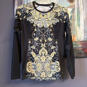 Athleta Womens Sz XS Gray Yellow Mandala Long Sleeve Stretch Athletic Top Shirt